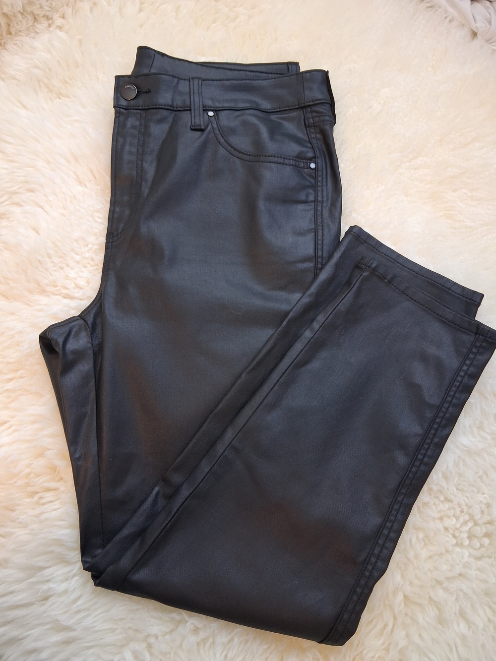 Chico's Black Faux Leather Pants with Branded Button, Extra Large Petite Chic